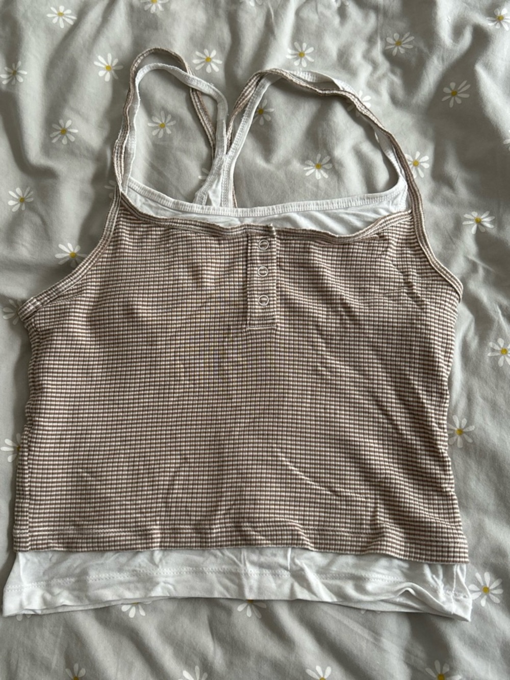 American Eagle Outfitters Tan Check Ribbed Tank with White Layered Hem Detail